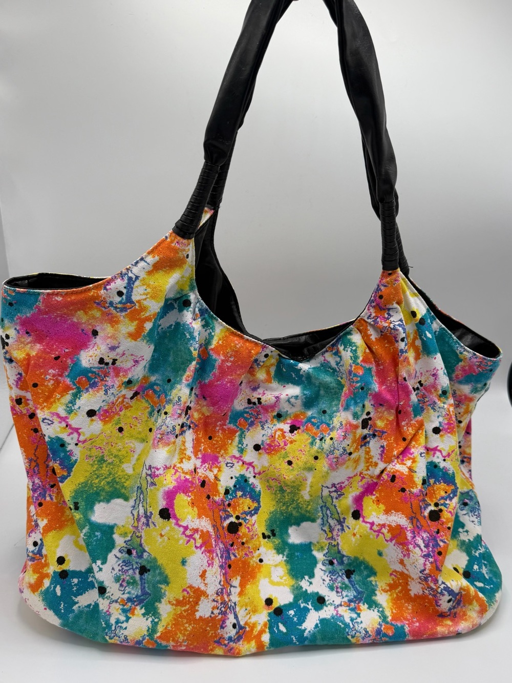 Roxy Multicolor Abstract Paint Splatter Tote Shoulder Bag Y2K Black Handles